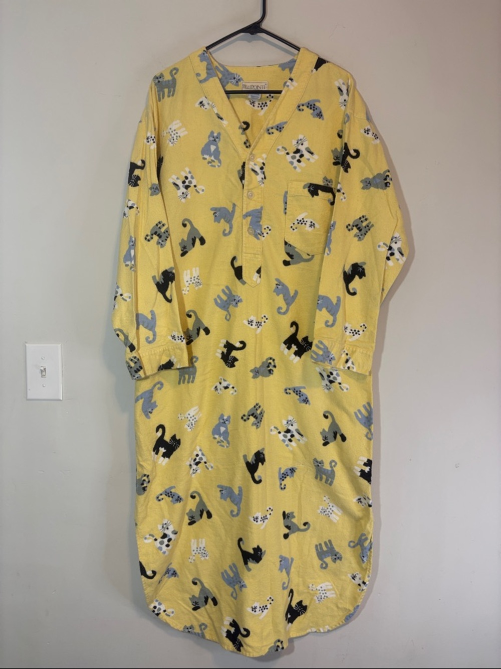 Vintage Butter Yellow Cartoon Cat Print Muumuu 100% Cotton Sleep Dress Nightgown